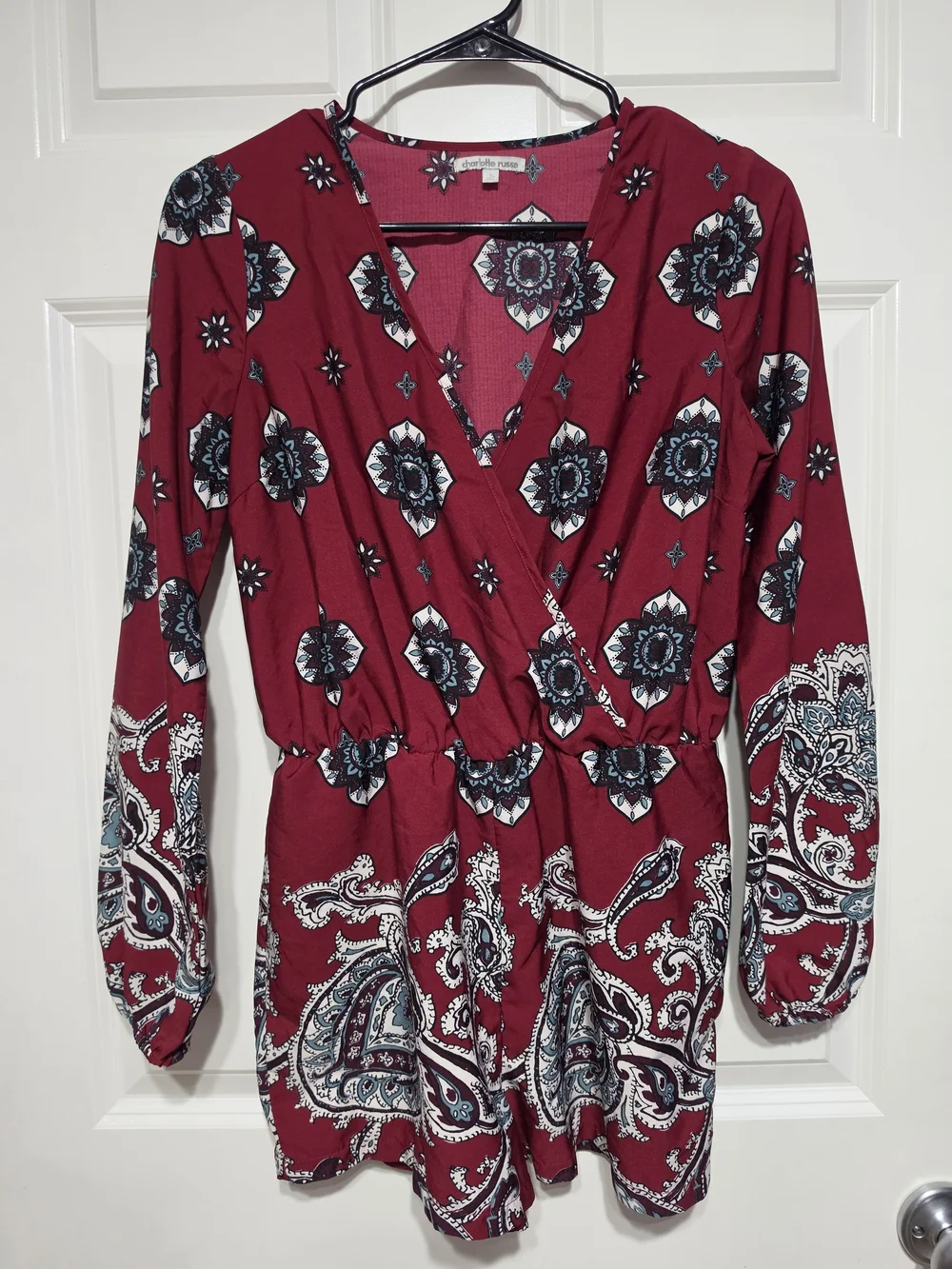Charlotte Russe Burgundy Paisley Wrap-Style Romper